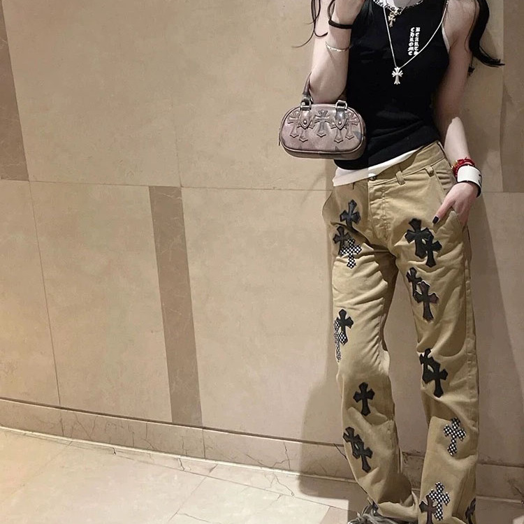 卡其色十字架拼皮牛仔裤女口袋宽松个性中低腰直筒显瘦休闲长裤女
