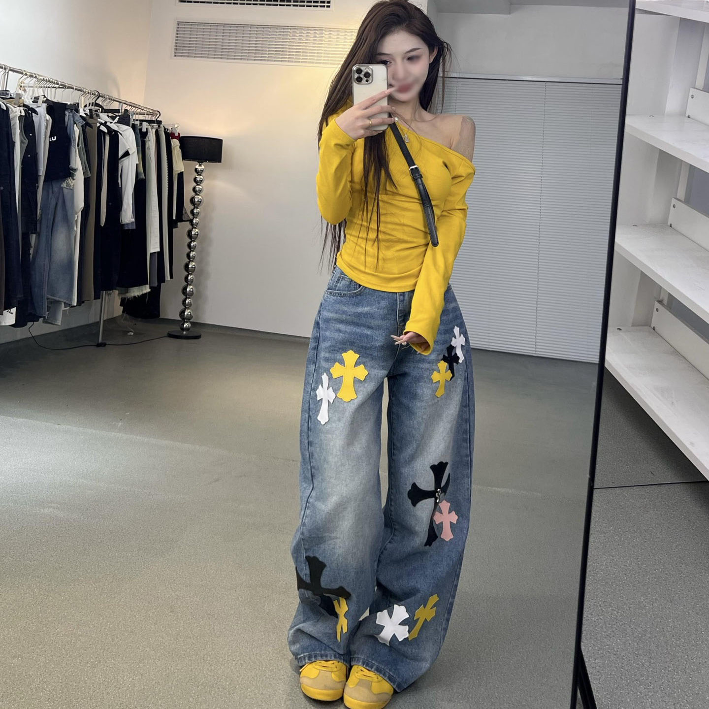 清仓彩色十字架拼皮牛仔裤女美式潮流风宽松休闲阔腿裤拖地长裤