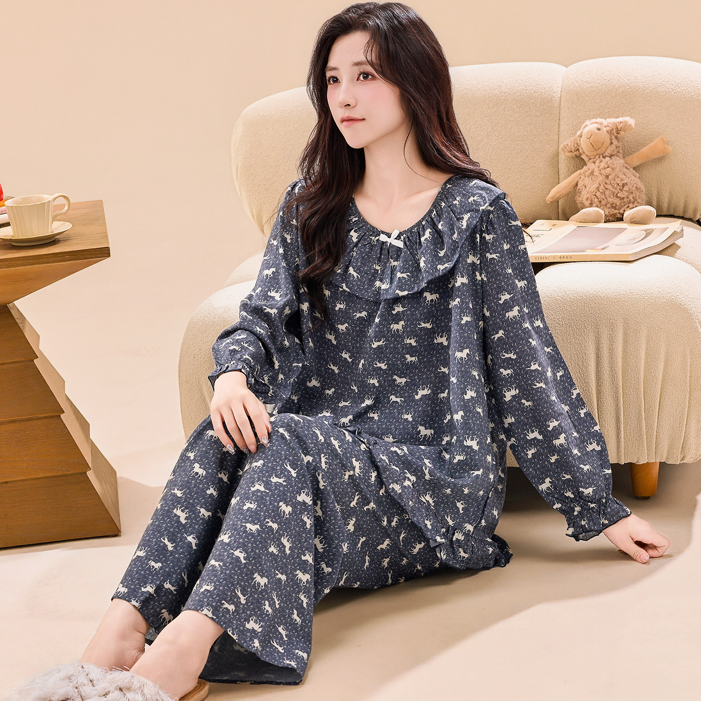 睡衣女夏季纯棉绸简约女装韩版长袖薄款绵绸可外穿休闲家居服套装