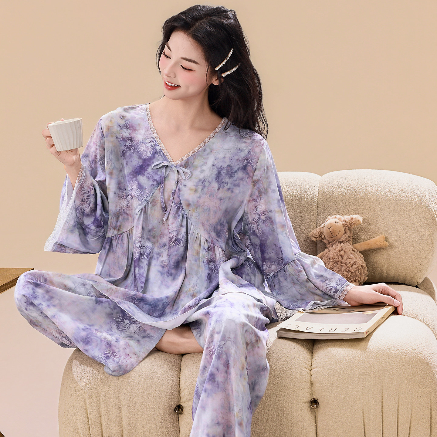 高档睡衣女夏纯棉绸高贵女装八分袖薄款绵绸可外穿宽松家居服套装