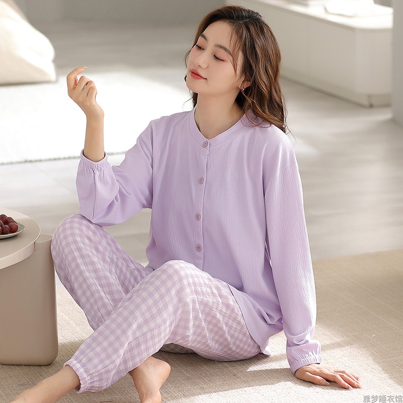 睡衣女秋季纯棉长袖女装棉纱时尚开衫纯色可外穿全棉家居服套装春