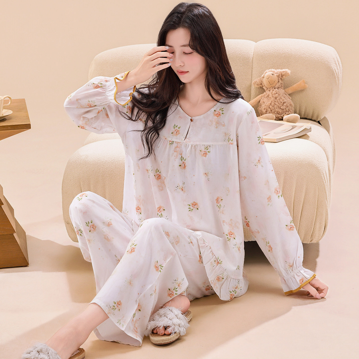 绵绸睡衣女夏季纯棉绸长袖时尚女装韩版薄款可外穿休闲家居服套装