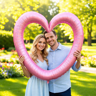 粉色爱心形状气球相框浪漫情人节结婚庆生日派对装饰拍照合影道具