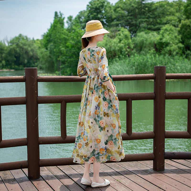 国际大牌2024新款女装连衣裙子真丝桑蚕丝夏装苎麻棉亚麻高端奢华