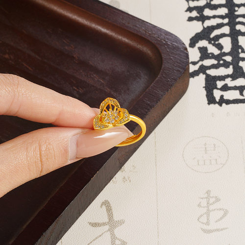 仿金镶钻三叶花耳钉戒指套装女