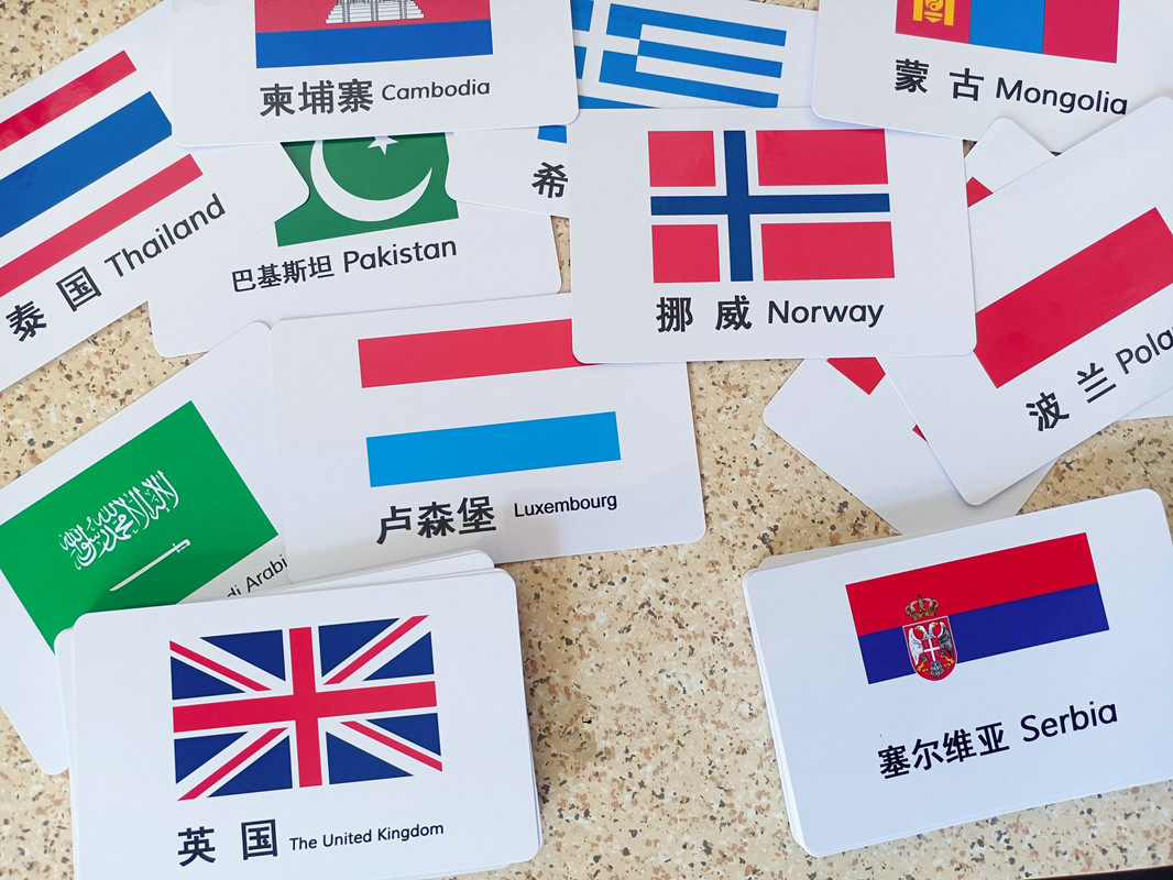 世界各国国旗认知卡片中英文繁体簡体幼儿早教国家国徽识字卡