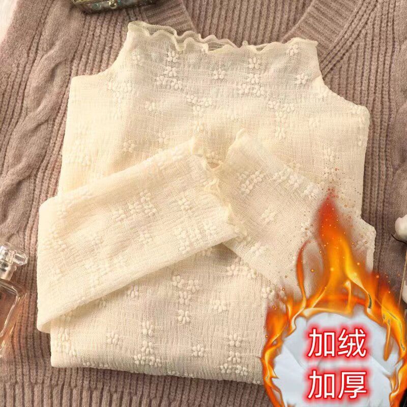 半高领加绒蕾丝钩花打底衫女秋冬新款性感长袖修身内搭木耳边上衣