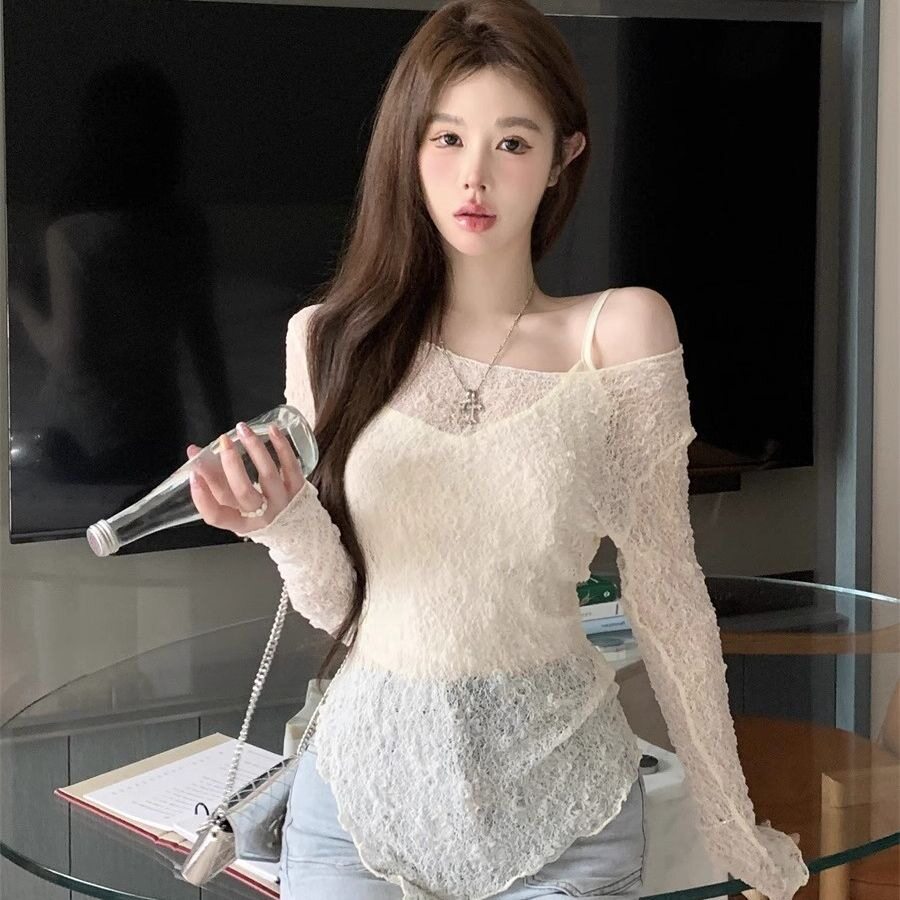 早秋别致甜辣妹性感不规则开叉微透蕾丝小衫防晒上衣女设计感小众
