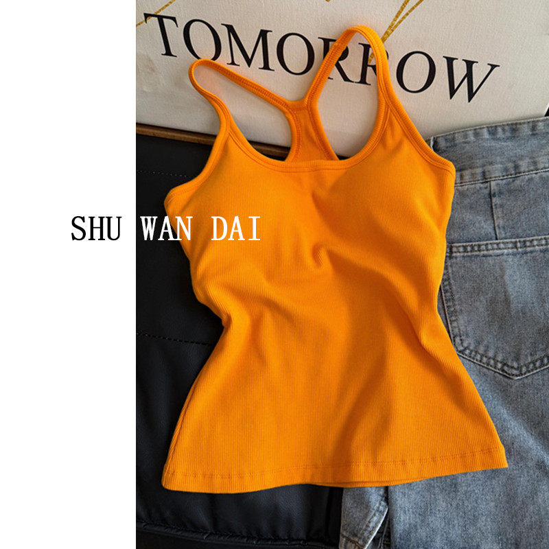美式辣妹穿搭橙黄色带胸垫吊带背心女夏日外穿高级感美背文胸一体