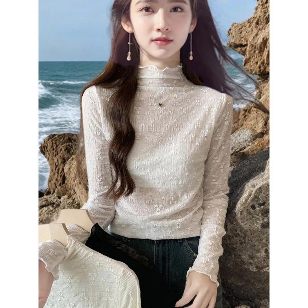 半高领网纱蕾丝镂空纯色长袖打底衫女秋季2025新款小香风简约衬衫