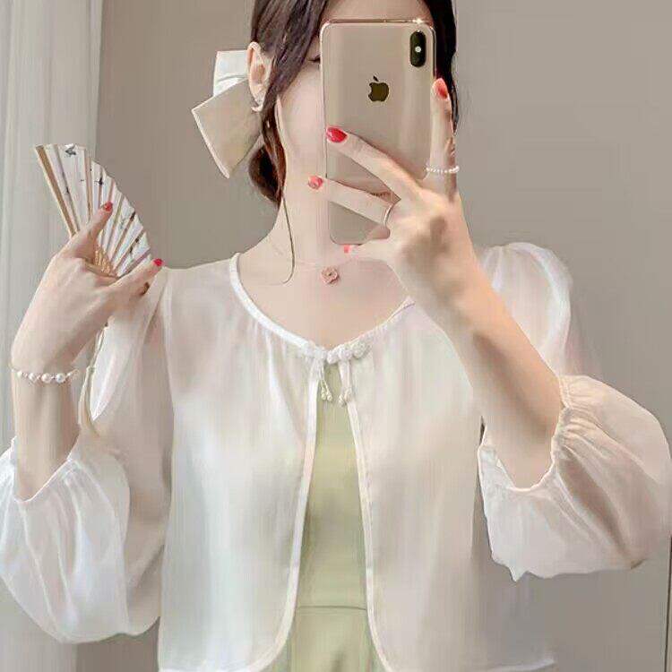 新中式盘扣雪纺防晒开衫女夏季配吊带裙外搭薄纱罩衫旗袍披肩外套