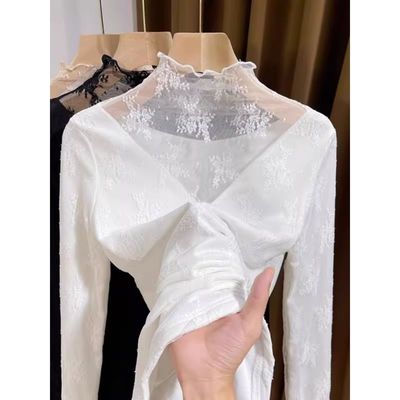 加绒加厚蕾丝打底衫女2025秋冬内搭网纱上衣叠穿长袖高级感小衫春