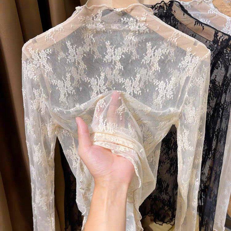 透视半高领蕾丝打底衫女2024新款洋气薄款网纱小衫毛衣内搭纱衣女