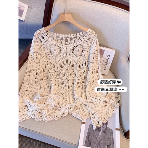 波西米亚钩花镂空针织衫女夏大码胖mm洋气减龄外搭罩衫喇叭袖上衣