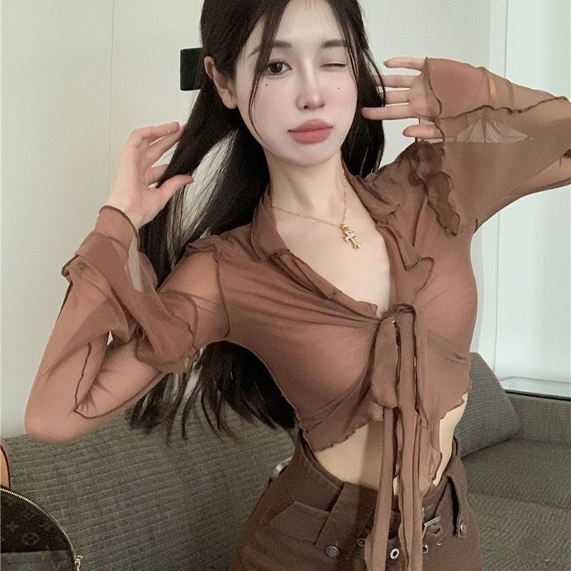 纱网长袖辣妹上衣女夏新款轻薄绑带喇叭袖微透显瘦短款荷叶边开衫