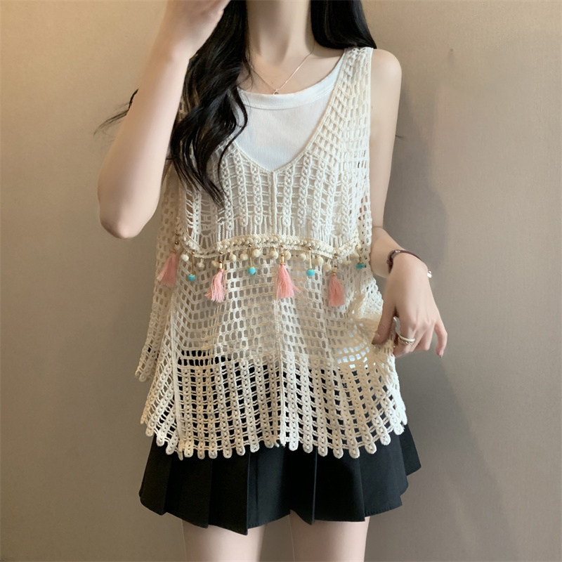 大码复古流苏镂空针织衫夏季胖mm遮肚子显瘦内搭吊带背心女两件套