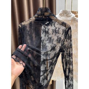 红色蕾丝超好看打底衫女内搭叠穿设计感修身透明薄纱高领网纱小衫