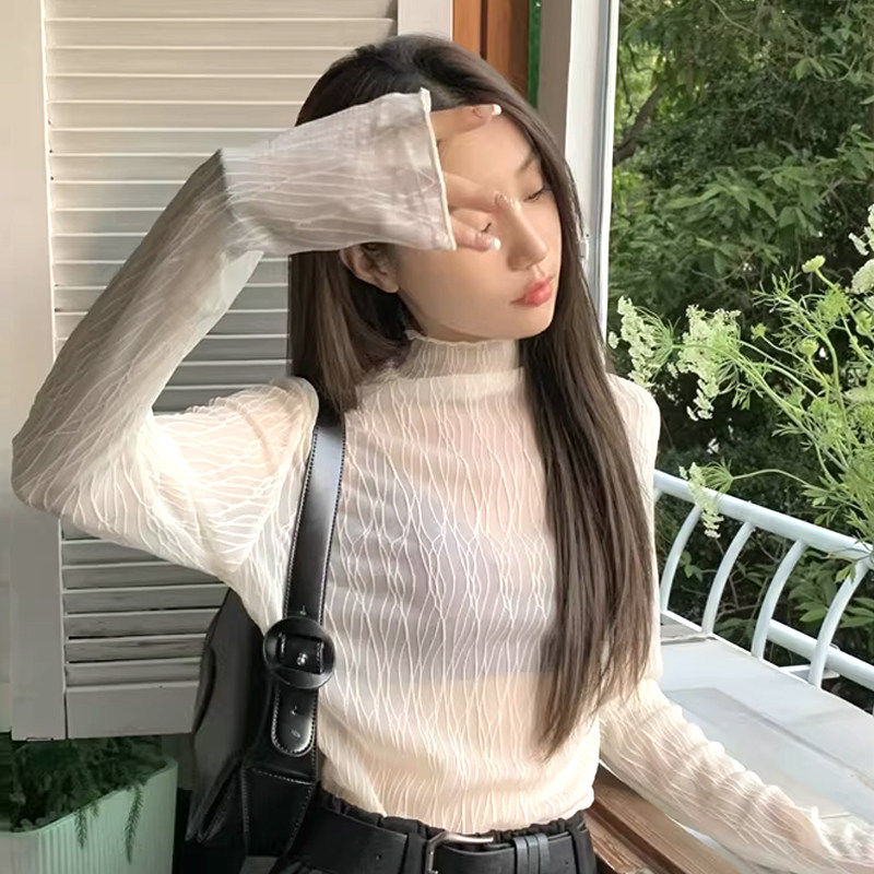 2026新款长袖蕾丝打底衫女叠穿方几绝美网纱内搭上衣雪纺小衫