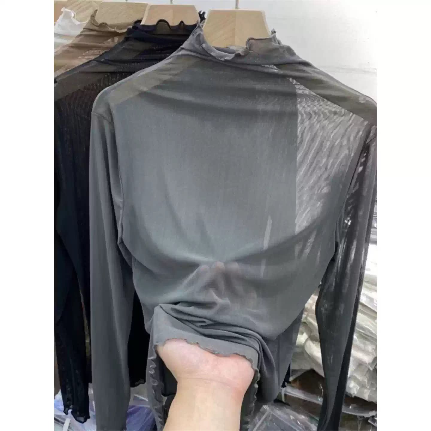 堆堆领灰色打底衫女秋季薄大码内搭微透网纱上衣长袖体恤蕾丝小衫