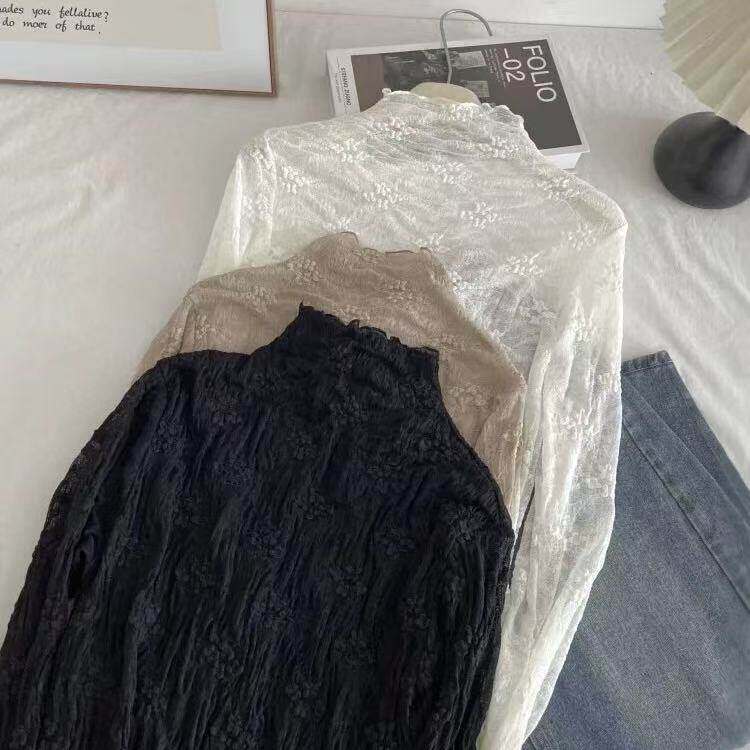 仙仙的木耳边网纱打底衫女秋季新款温柔洋气提花蕾丝衫上衣