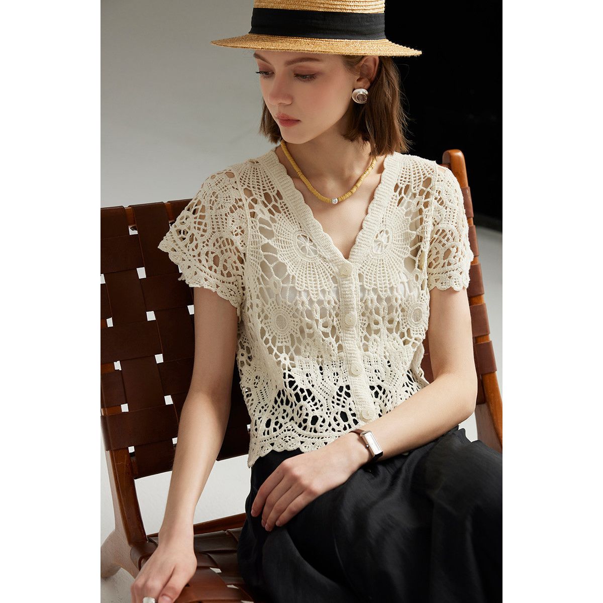 镂空针织开衫女2024夏季新款短袖薄款杏色洋气外搭罩衫外套
