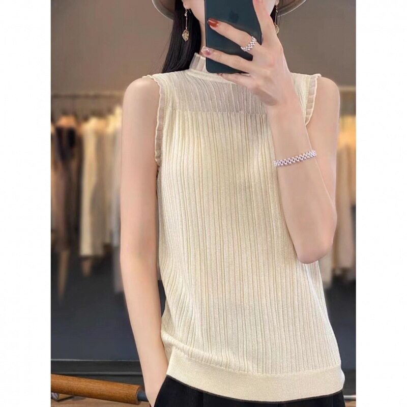 镂空法式花边领背心女春秋网纱半高领打底衫修身蕾丝内搭无袖上衣