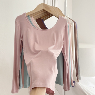 2022紧身显瘦洋气打底衫 T恤女秋季 上 豆沙色U领长袖 2022莫代尔新款