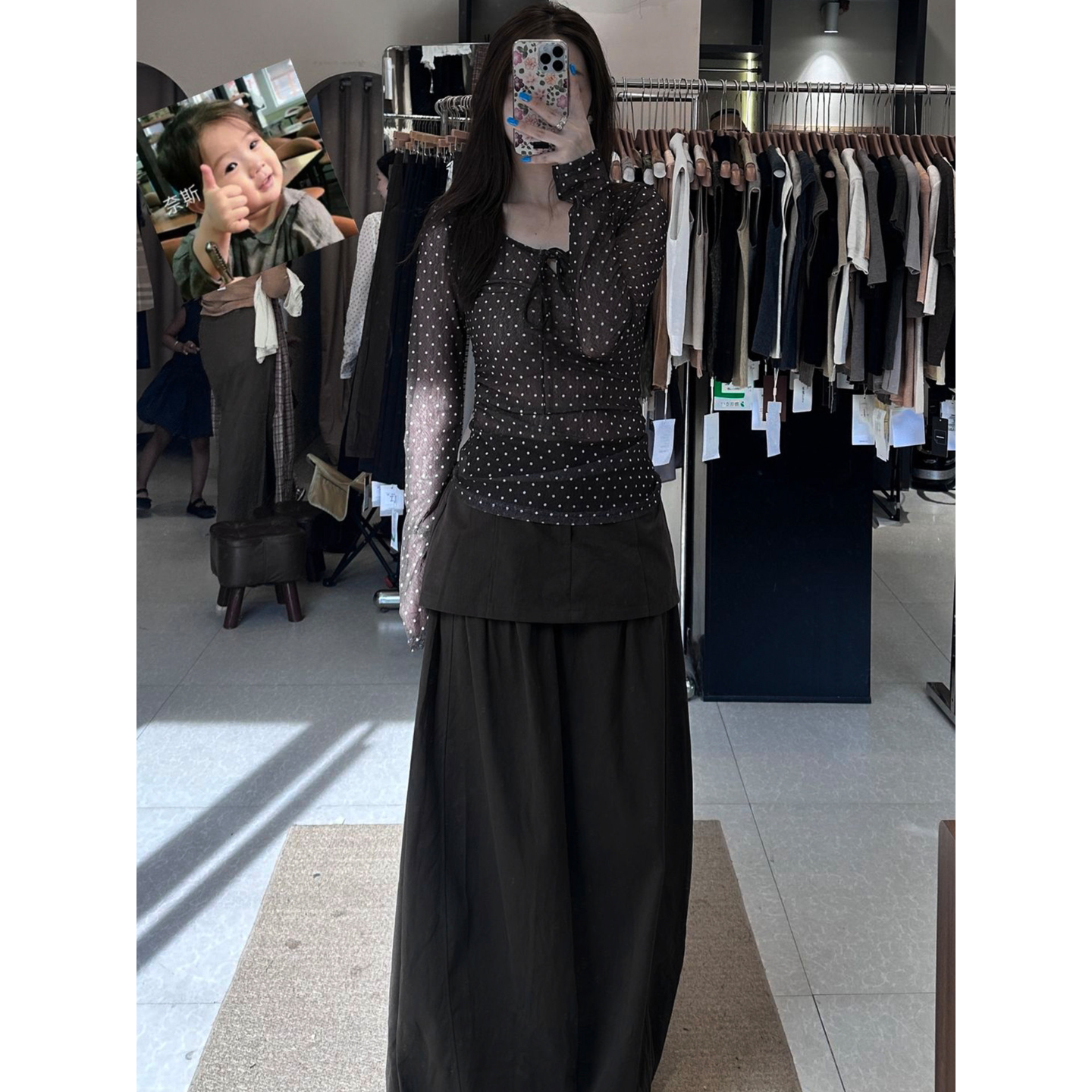 韩系黑色波点上衣阔腿裤两件套装女2026新款早秋巨好看穿搭一整套