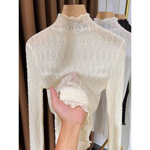 秋冬木耳边蕾丝打底衫女长袖2025新款半高领毛衣内搭薄款镂空纱衣