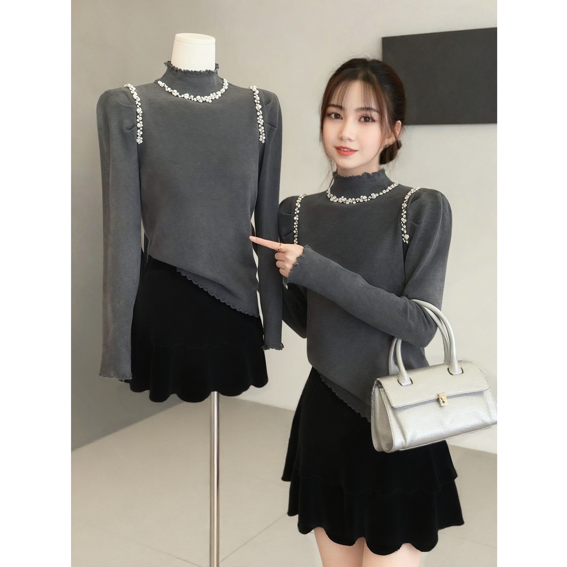 韩版半高领钉珠针织衫女内搭2025秋冬新款修身显瘦长袖打底衫上衣