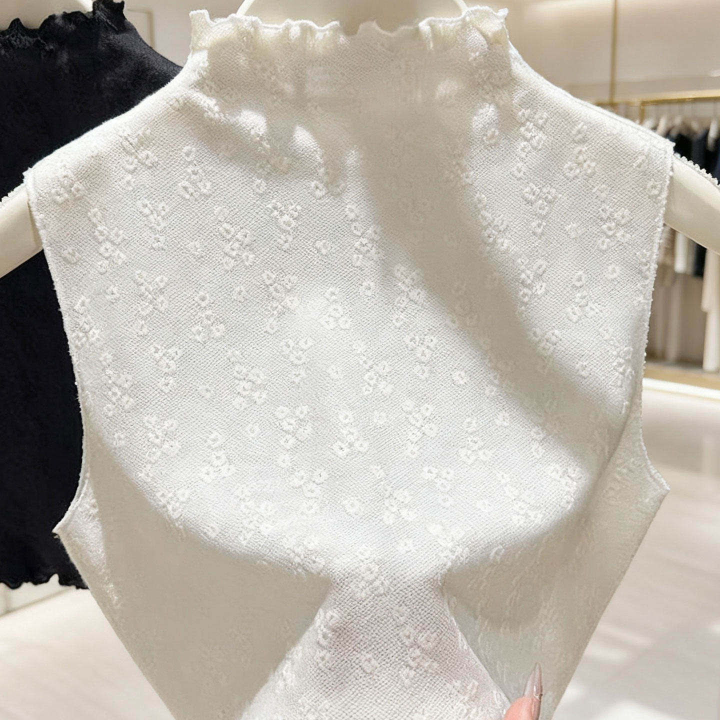 木耳边蕾丝无袖上衣女秋假领子内搭半高领叠穿打底衫短款修身背心