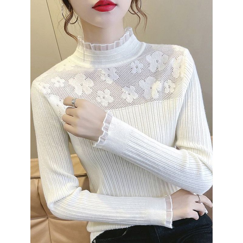 半高领打底衫秋季女装2023新款洋气百搭长袖蕾丝边花朵套头针织衫