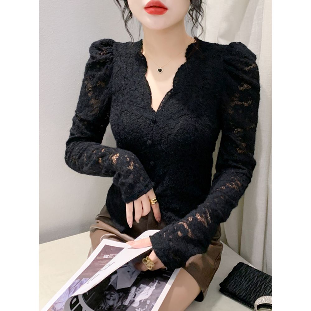 加绒打底衫女秋冬欧货性感V领蕾丝衫女长袖紧身内搭上衣洋气小衫