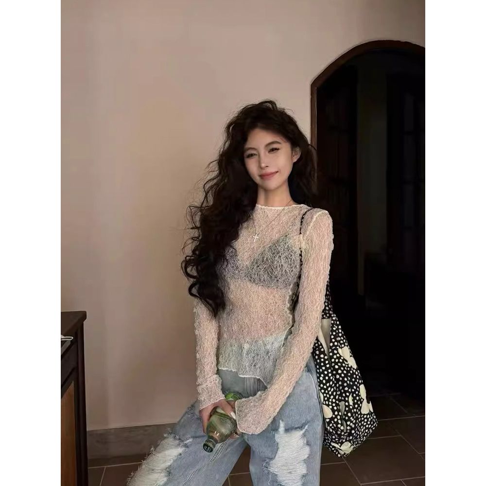 纯欲风性感镂空蕾丝打底衫女修身显瘦法式高级感内搭透视长袖上衣