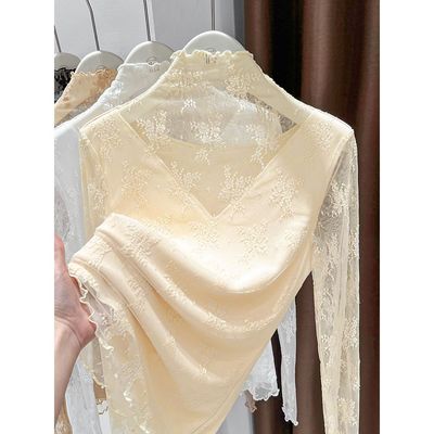 半高领蕾丝打底衫女秋冬加绒网纱小衫内搭修身洋气镂空上衣高级感