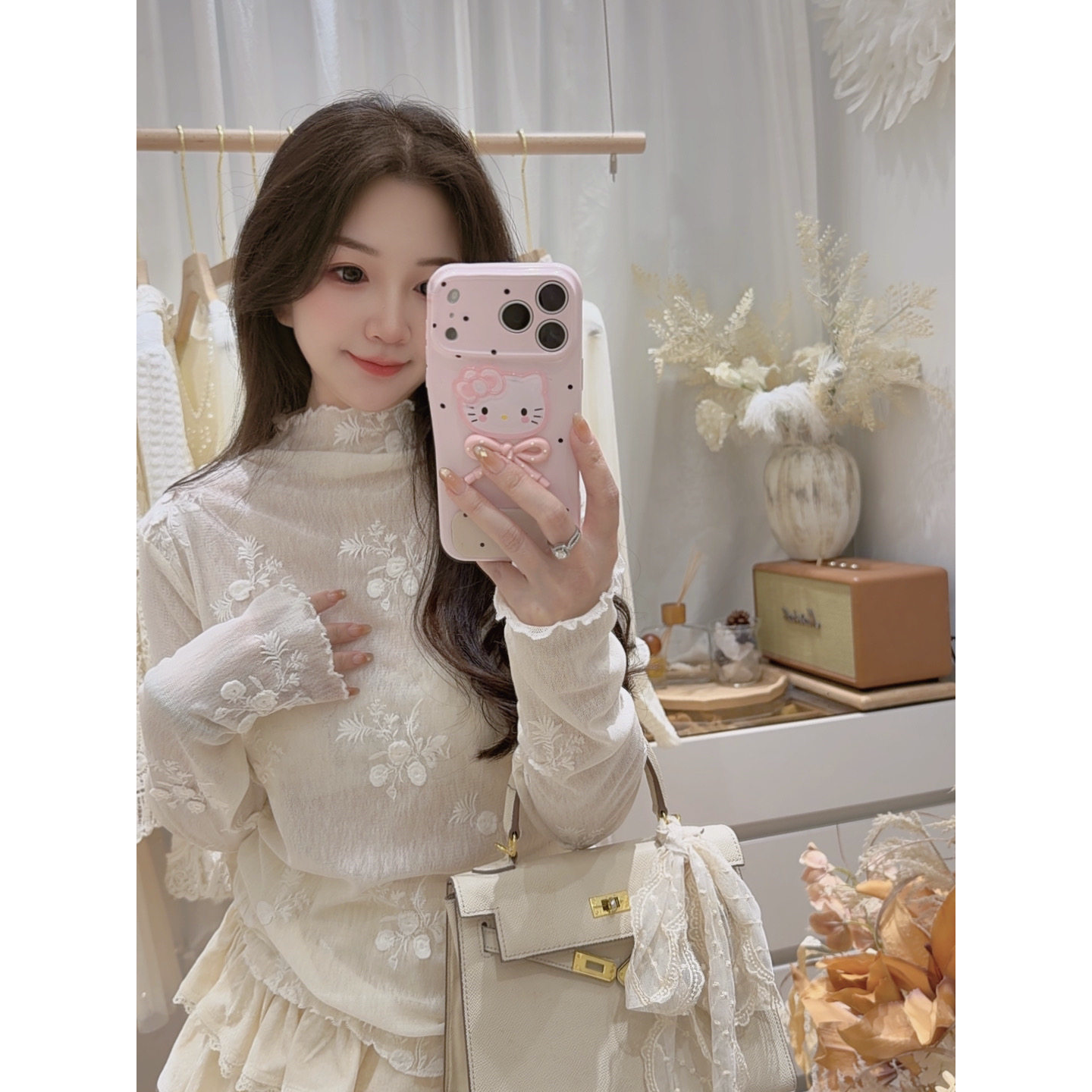 韩系秋冬甜美刺绣花卉精致长袖百搭打底显瘦气质网红少女复古ins
