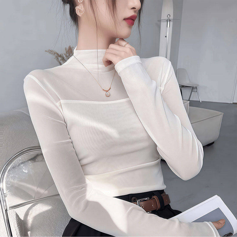 网纱半高领打底衫女2026春秋新款修身洋气内搭长袖t恤亮片上衣女