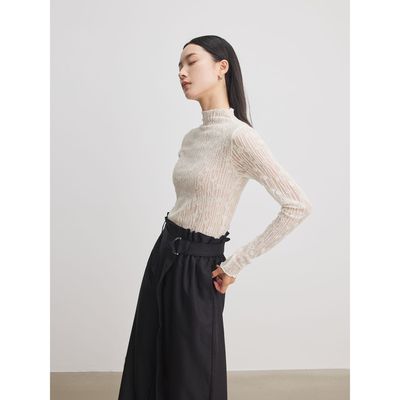 2025白色半高领蕾丝网纱针织打底衫女秋季2025新款修身内搭秋冬