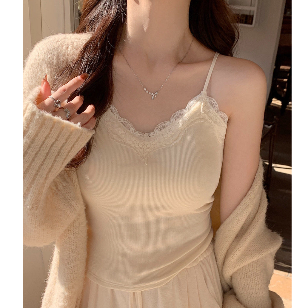 蕾丝吊带背心女2025新款内搭带胸垫秋冬季纯棉打底衫v领加绒上衣