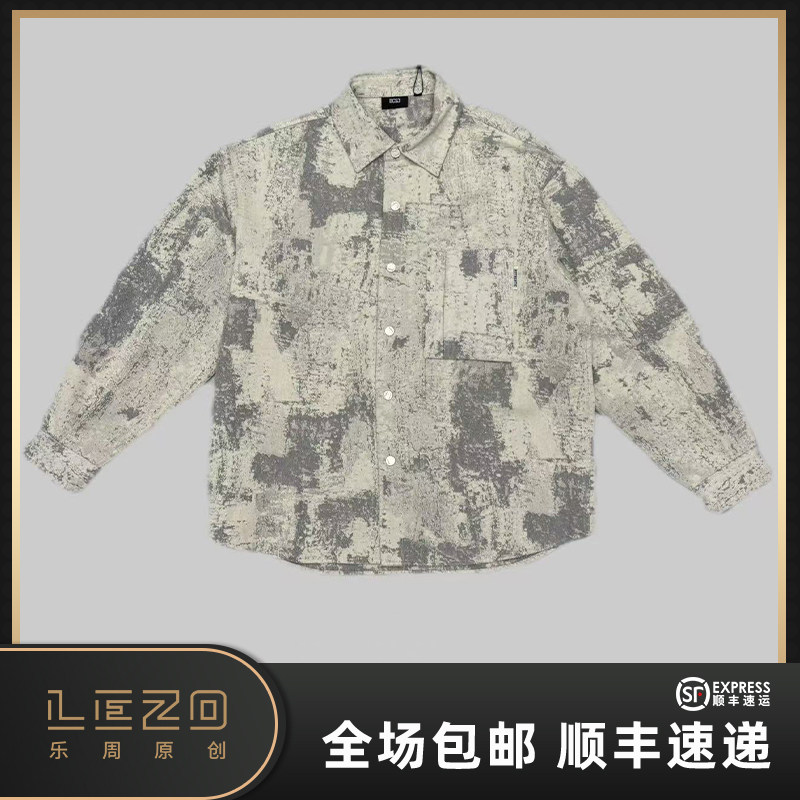 LEZO乐周原创男装美式潮迷彩印花复古翻领长袖衬衫 925302633灰色