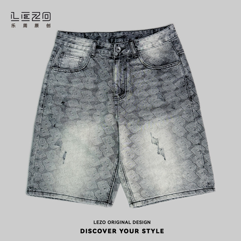 LEZO乐周原创男夏个性满印牛仔短裤宽松五分牛仔裤 925206635灰色