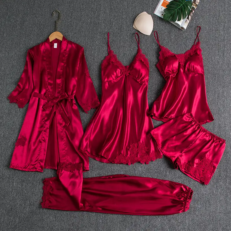 pwear Female 5/4/2PCS Pajamas Set Satin Pyjamamas Lace Patch