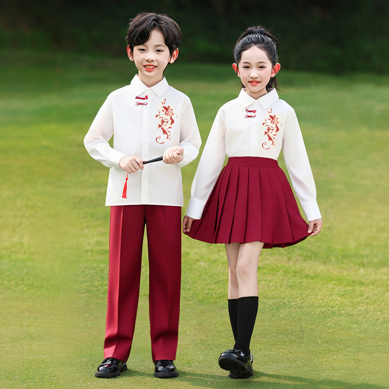 儿童朗诵演出服国风红色合唱服装运动会幼儿园啦啦队小学生表演服