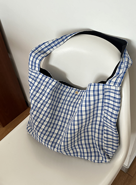 fourfourtwoone秋冬简约蓝白格子单肩包时尚大容量上班通勤包挎包