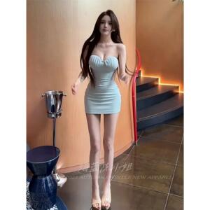 蓝色生死恋纯欲性感抹胸连衣裙女秋季带胸垫修身内搭绝美包臀短裙