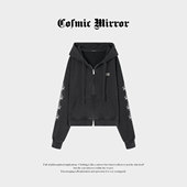 2026年春季 宽松短女装 新品 连帽运动衫 外套拉链黑色 印花开衫