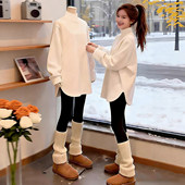 内搭衣女T恤加绒宽松上衣 纯棉2026长袖 半高领弧形中长版 秋冬新款