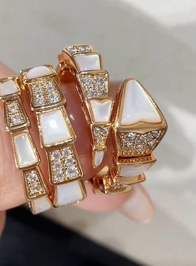 天然白贝母拼钻蛇戒指戒子中食指环女开口欧美时尚轻奢小众设计感