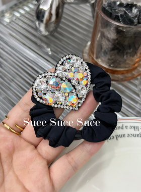 韩国东大门新款奢华白色水钻高级感法式爱心大肠圈丸子马尾头发绳