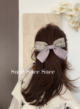 韩国新中式国风刺绣花朵拼接紫色缎面珍珠边蝴蝶结法式浪漫弹簧夹